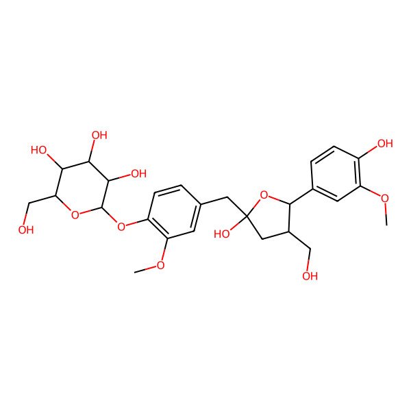 2D Structure of 2-[4-[[2-Hydroxy-5-(4-hydroxy-3-methoxyphenyl)-4-(hydroxymethyl)oxolan-2-yl]methyl]-2-methoxyphenoxy]-6-(hydroxymethyl)oxane-3,4,5-triol
