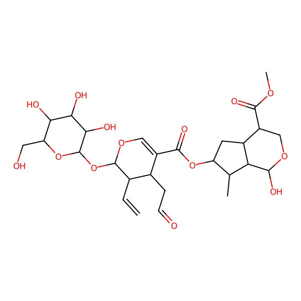 2D Structure of methyl (1R,4R,4aS,6S,7R,7aS)-6-[(2S,3S,4S)-3-ethenyl-4-(2-oxoethyl)-2-[(2S,3R,4S,5S,6R)-3,4,5-trihydroxy-6-(hydroxymethyl)oxan-2-yl]oxy-3,4-dihydro-2H-pyran-5-carbonyl]oxy-1-hydroxy-7-methyl-1,3,4,4a,5,6,7,7a-octahydrocyclopenta[c]pyran-4-carboxylate
