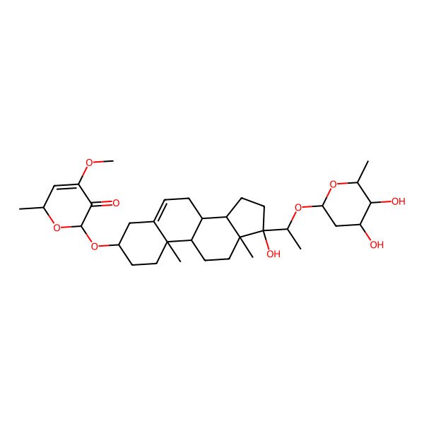 2D Structure of (2R,6R)-6-[[(3S,8R,9S,10R,13S,14S,17R)-17-[(1S)-1-[(2R,4R,5S,6R)-4,5-dihydroxy-6-methyloxan-2-yl]oxyethyl]-17-hydroxy-10,13-dimethyl-1,2,3,4,7,8,9,11,12,14,15,16-dodecahydrocyclopenta[a]phenanthren-3-yl]oxy]-4-methoxy-2-methyl-2H-pyran-5-one