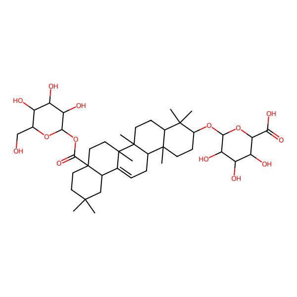 2D Structure of (2S,3S,4S,5R,6R)-6-[[(6aR,6bS,8aS,12aR,14bR)-4,4,6a,6b,11,11,14b-heptamethyl-8a-[(2S,3R,4S,5S,6R)-3,4,5-trihydroxy-6-(hydroxymethyl)oxan-2-yl]oxycarbonyl-1,2,3,4a,5,6,7,8,9,10,12,12a,14,14a-tetradecahydropicen-3-yl]oxy]-3,4,5-trihydroxyoxane-2-carboxylic acid