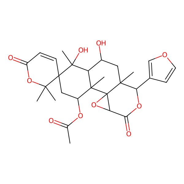 2D Structure of [(1R,2S,3R,5S,6S,7R,8S,10S,11S,14S)-11-(furan-3-yl)-6,8-dihydroxy-2,2',2',6,10-pentamethyl-6',13-dioxospiro[12,15-dioxatetracyclo[8.5.0.01,14.02,7]pentadecane-5,3'-pyran]-3-yl] acetate