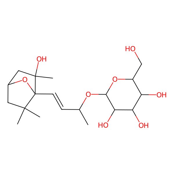 2D Structure of (2R,3S,4S,5R,6R)-2-(hydroxymethyl)-6-[(2R)-4-[(1S,2S,4R)-2-hydroxy-2,6,6-trimethyl-7-oxabicyclo[2.2.1]heptan-1-yl]but-3-en-2-yl]oxyoxane-3,4,5-triol