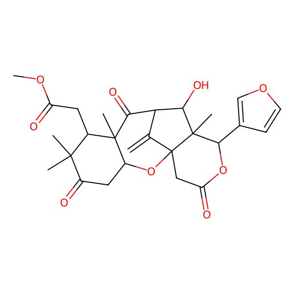 2D Structure of methyl 2-[(1S,3S,7S,8R,10R,11S,12S,13S)-13-(furan-3-yl)-11-hydroxy-6,6,8,12-tetramethyl-17-methylidene-5,9,15-trioxo-2,14-dioxatetracyclo[8.6.1.01,12.03,8]heptadecan-7-yl]acetate
