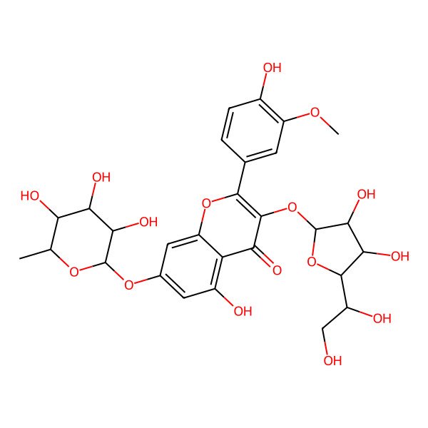 2D Structure of 3-[(2S,3S,4S,5S)-5-[(1R)-1,2-dihydroxyethyl]-3,4-dihydroxyoxolan-2-yl]oxy-5-hydroxy-2-(4-hydroxy-3-methoxyphenyl)-7-[(2S,3S,4S,5S,6R)-3,4,5-trihydroxy-6-methyloxan-2-yl]oxychromen-4-one