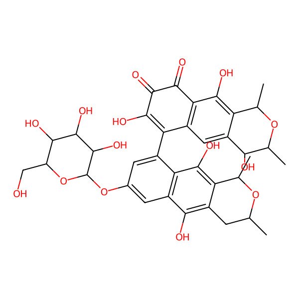 2D Structure of (1R,3R,4S)-6-[(1R,3R)-5,10-dihydroxy-1,3-dimethyl-7-[(2S,3R,4S,5S,6R)-3,4,5-trihydroxy-6-(hydroxymethyl)oxan-2-yl]oxy-3,4-dihydro-1H-benzo[g]isochromen-9-yl]-4,7,10-trihydroxy-1,3-dimethyl-3,4-dihydro-1H-benzo[g]isochromene-8,9-dione