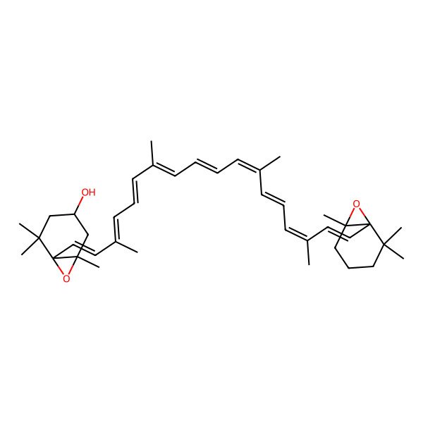2D Structure of (1S,3S,6S)-1,5,5-trimethyl-6-[(1E,3E,5E,7E,9E,11E,13E,15E,17E)-3,7,12,16-tetramethyl-18-[(1S,6R)-2,2,6-trimethyl-7-oxabicyclo[4.1.0]heptan-1-yl]octadeca-1,3,5,7,9,11,13,15,17-nonaenyl]-7-oxabicyclo[4.1.0]heptan-3-ol