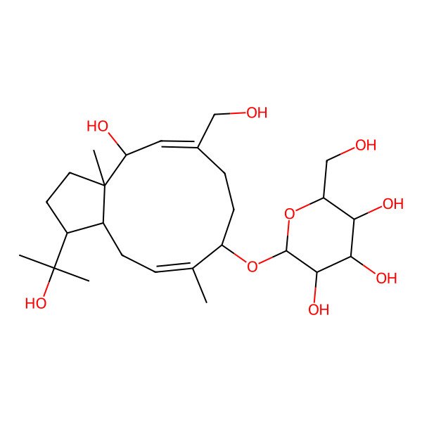 2D Structure of 2-[[4-hydroxy-6-(hydroxymethyl)-1-(2-hydroxypropan-2-yl)-3a,10-dimethyl-2,3,4,7,8,9,12,12a-octahydro-1H-cyclopenta[11]annulen-9-yl]oxy]-6-(hydroxymethyl)oxane-3,4,5-triol
