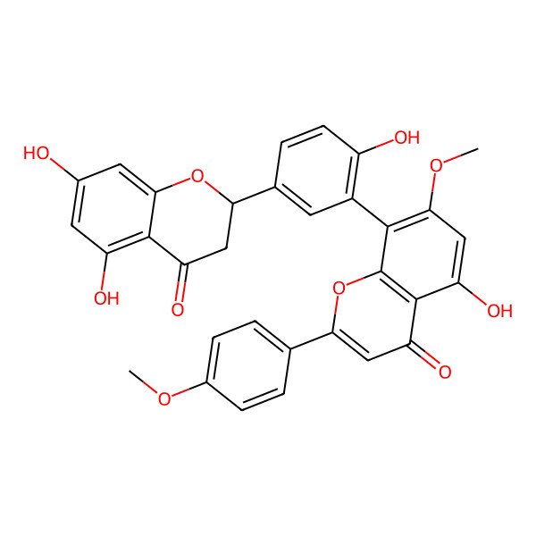 2D Structure of 8-[5-[(2S)-5,7-dihydroxy-4-oxo-2,3-dihydrochromen-2-yl]-2-hydroxyphenyl]-5-hydroxy-7-methoxy-2-(4-methoxyphenyl)chromen-4-one