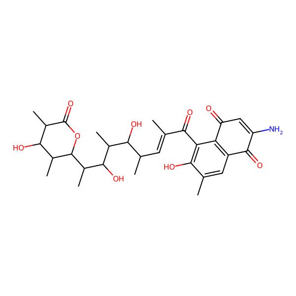 2D Structure of 2-Amino-5-[5,7-dihydroxy-8-(4-hydroxy-3,5-dimethyl-6-oxooxan-2-yl)-2,4,6-trimethylnon-2-enoyl]-6-hydroxy-7-methylnaphthalene-1,4-dione