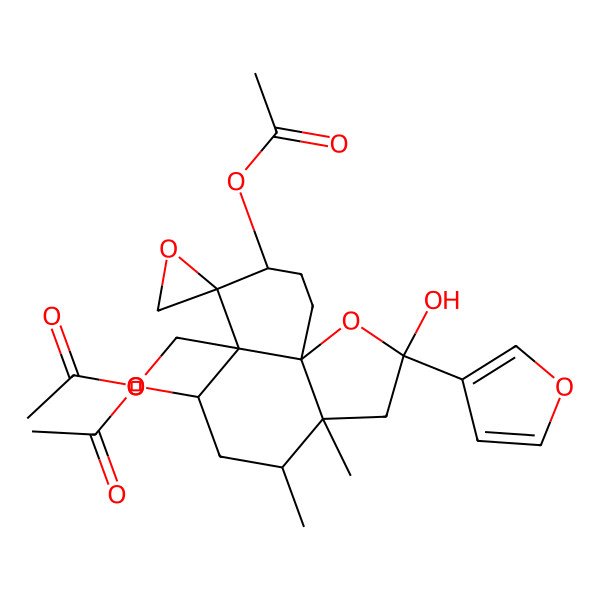 2D Structure of [(2S,3aS,4S,6R,6aS,7S,8R,10aR)-6,8-diacetyloxy-2-(furan-3-yl)-2-hydroxy-3a,4-dimethylspiro[4,5,6,8,9,10-hexahydro-3H-benzo[h][1]benzofuran-7,2'-oxirane]-6a-yl]methyl acetate