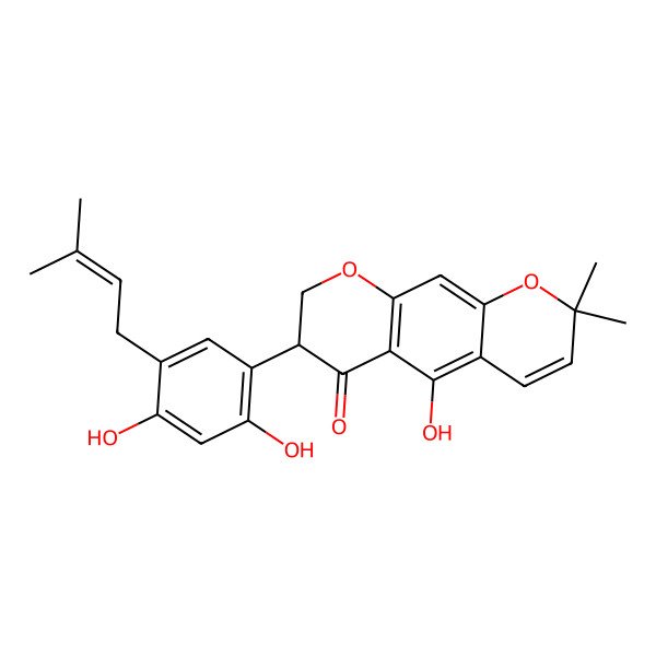 2D Structure of (7R)-7-[2,4-dihydroxy-5-(3-methylbut-2-enyl)phenyl]-5-hydroxy-2,2-dimethyl-7,8-dihydropyrano[3,2-g]chromen-6-one