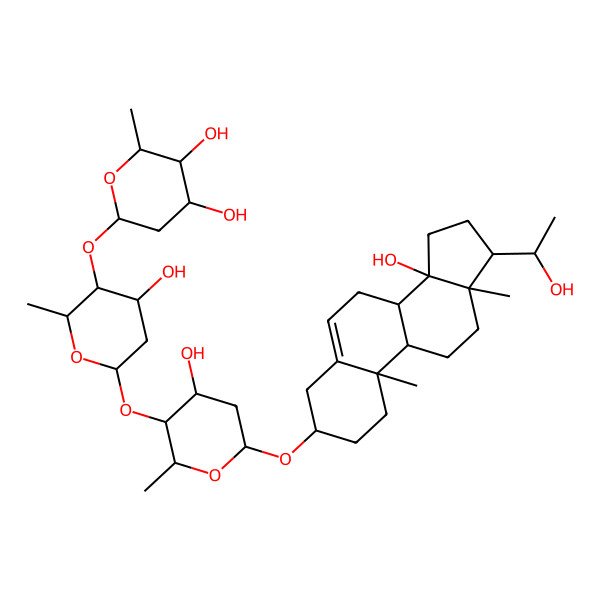 2D Structure of (2R,3S,4S,6S)-6-[(2R,3S,4S,6S)-4-hydroxy-6-[(2R,3S,4S,6R)-4-hydroxy-6-[[(3S,8R,9S,10R,13R,14S,17S)-14-hydroxy-17-[(1S)-1-hydroxyethyl]-10,13-dimethyl-1,2,3,4,7,8,9,11,12,15,16,17-dodecahydrocyclopenta[a]phenanthren-3-yl]oxy]-2-methyloxan-3-yl]oxy-2-methyloxan-3-yl]oxy-2-methyloxane-3,4-diol