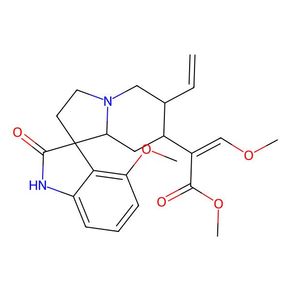 2D Structure of methyl (Z)-2-[(3R,6'R,7'S,8'aS)-6'-ethenyl-4-methoxy-2-oxospiro[1H-indole-3,1'-3,5,6,7,8,8a-hexahydro-2H-indolizine]-7'-yl]-3-methoxyprop-2-enoate