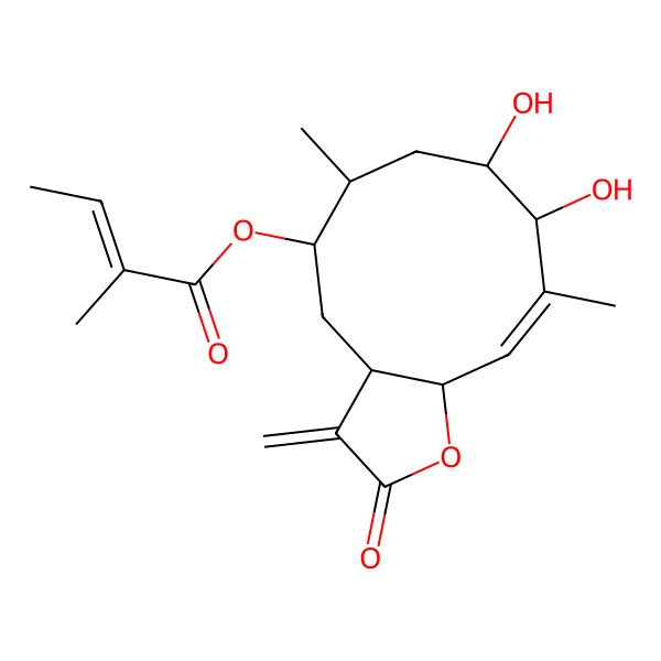 2D Structure of (8,9-Dihydroxy-6,10-dimethyl-3-methylidene-2-oxo-3a,4,5,6,7,8,9,11a-octahydrocyclodeca[b]furan-5-yl) 2-methylbut-2-enoate