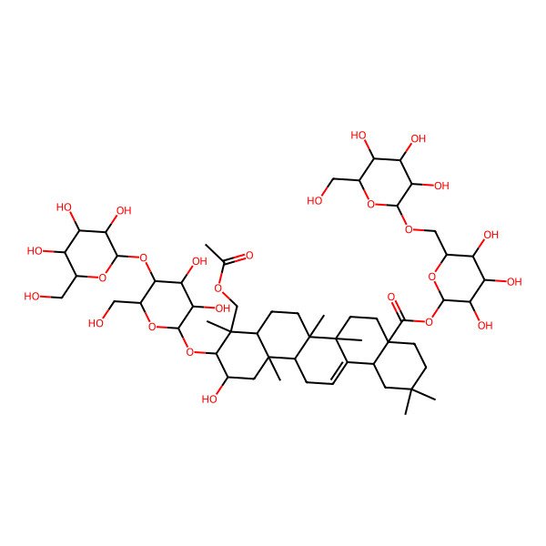 2D Structure of [3,4,5-Trihydroxy-6-[[3,4,5-trihydroxy-6-(hydroxymethyl)oxan-2-yl]oxymethyl]oxan-2-yl] 9-(acetyloxymethyl)-10-[3,4-dihydroxy-6-(hydroxymethyl)-5-[3,4,5-trihydroxy-6-(hydroxymethyl)oxan-2-yl]oxyoxan-2-yl]oxy-11-hydroxy-2,2,6a,6b,9,12a-hexamethyl-1,3,4,5,6,6a,7,8,8a,10,11,12,13,14b-tetradecahydropicene-4a-carboxylate