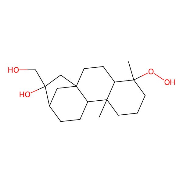 2D Structure of (1S,4S,5S,9S,10S,13R,14S)-5-hydroperoxy-14-(hydroxymethyl)-5,9-dimethyltetracyclo[11.2.1.01,10.04,9]hexadecan-14-ol