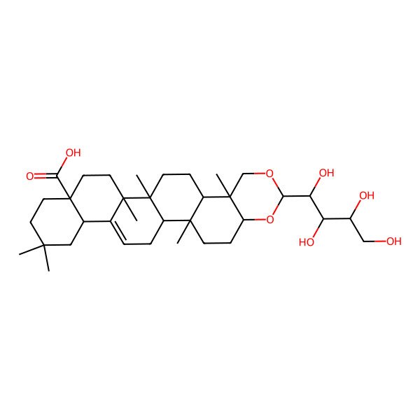 2D Structure of (1R,2R,5S,7S,10R,11R,14R,15S,18S,23S)-2,10,14,15,21,21-hexamethyl-7-[(1R,2S,3S)-1,2,3,4-tetrahydroxybutyl]-6,8-dioxahexacyclo[12.12.0.02,11.05,10.015,24.018,23]hexacos-24-ene-18-carboxylic acid