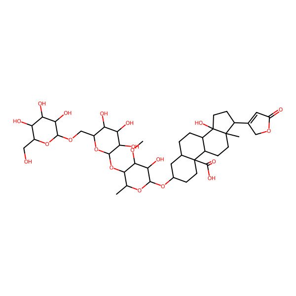2D Structure of (3S,5R,8R,9S,10R,13R,14S,17R)-14-hydroxy-3-[(2R,3S,4S,5S,6S)-3-hydroxy-4-methoxy-6-methyl-5-[(2S,3R,4S,5S,6R)-3,4,5-trihydroxy-6-[[(2R,3R,4S,5S,6R)-3,4,5-trihydroxy-6-(hydroxymethyl)oxan-2-yl]oxymethyl]oxan-2-yl]oxyoxan-2-yl]oxy-13-methyl-17-(5-oxo-2H-furan-3-yl)-1,2,3,4,5,6,7,8,9,11,12,15,16,17-tetradecahydrocyclopenta[a]phenanthrene-10-carboxylic acid