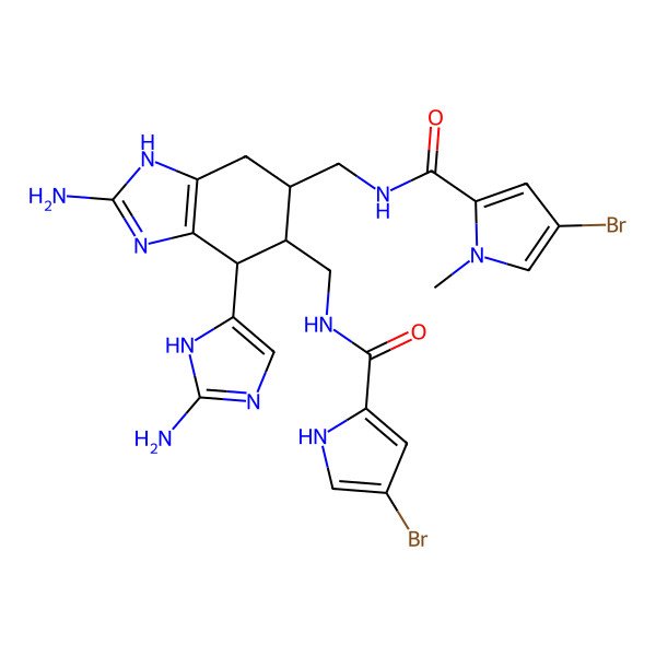 2D Structure of N-[[2-amino-7-(2-amino-1H-imidazol-5-yl)-6-[[(4-bromo-1H-pyrrole-2-carbonyl)amino]methyl]-4,5,6,7-tetrahydro-3H-benzimidazol-5-yl]methyl]-4-bromo-1-methylpyrrole-2-carboxamide