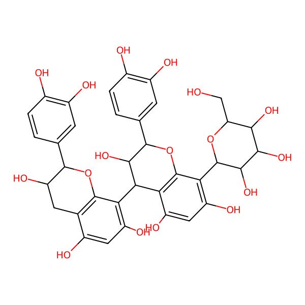 2D Structure of 2-(3,4-dihydroxyphenyl)-4-[2-(3,4-dihydroxyphenyl)-3,5,7-trihydroxy-3,4-dihydro-2H-chromen-8-yl]-8-[3,4,5-trihydroxy-6-(hydroxymethyl)oxan-2-yl]-3,4-dihydro-2H-chromene-3,5,7-triol