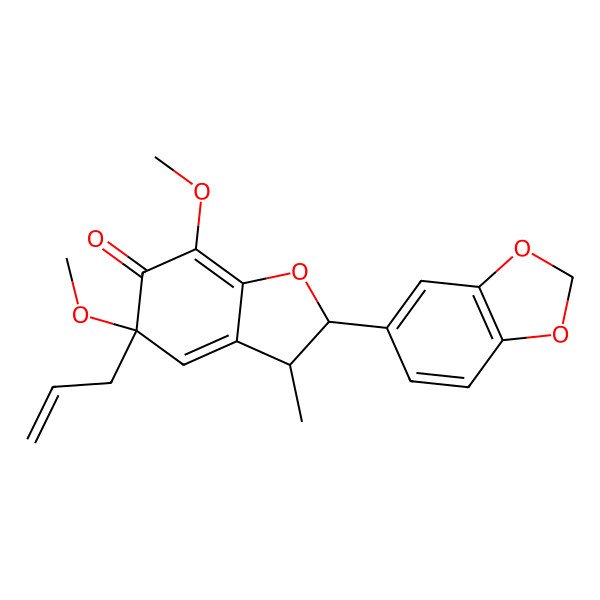 2D Structure of (2S,3S,5R)-2-(1,3-benzodioxol-5-yl)-5,7-dimethoxy-3-methyl-5-prop-2-enyl-2,3-dihydro-1-benzofuran-6-one 2D Structure of (2S,3S,5R)-2-(1,3-benzodioxol-5-yl)-5,7-dimethoxy-3-methyl-5-prop-2-enyl-2,3-dihydro-1-benzofuran-6-one