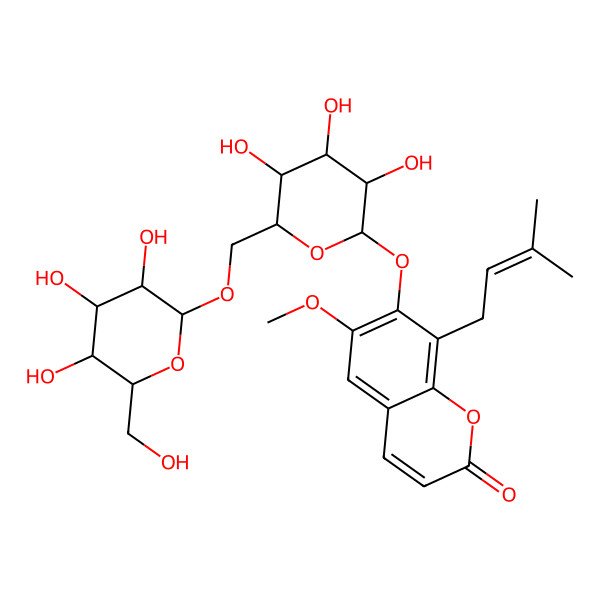 2D Structure of 6-Methoxy-8-(3-methylbut-2-enyl)-7-[3,4,5-trihydroxy-6-[[3,4,5-trihydroxy-6-(hydroxymethyl)oxan-2-yl]oxymethyl]oxan-2-yl]oxychromen-2-one