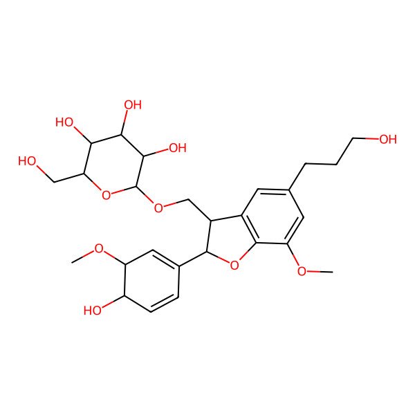 2D Structure of (2R,3R,4S,5S,6R)-2-[[(2S,3R)-2-[(3R,4R)-4-hydroxy-3-methoxycyclohexa-1,5-dien-1-yl]-5-(3-hydroxypropyl)-7-methoxy-2,3-dihydro-1-benzofuran-3-yl]methoxy]-6-(hydroxymethyl)oxane-3,4,5-triol