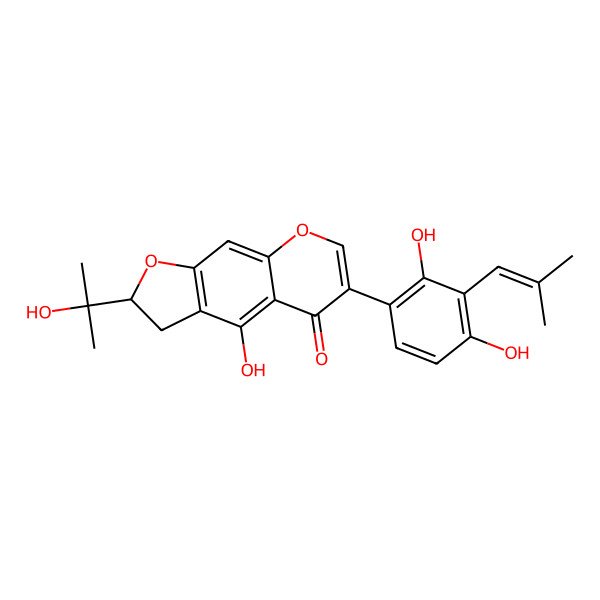 2D Structure of (2S)-6-[2,4-dihydroxy-3-(2-methylprop-1-enyl)phenyl]-4-hydroxy-2-(2-hydroxypropan-2-yl)-2,3-dihydrofuro[3,2-g]chromen-5-one