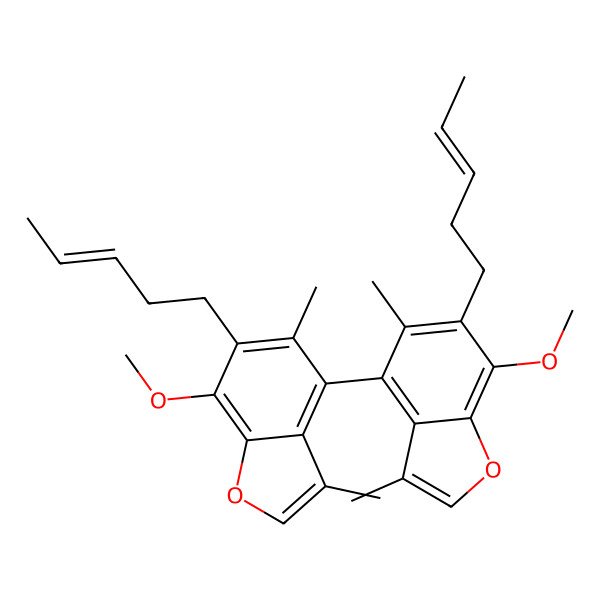2D Structure of 7-methoxy-4-[7-methoxy-3,5-dimethyl-6-[(E)-pent-3-enyl]-1-benzofuran-4-yl]-3,5-dimethyl-6-[(E)-pent-3-enyl]-1-benzofuran
