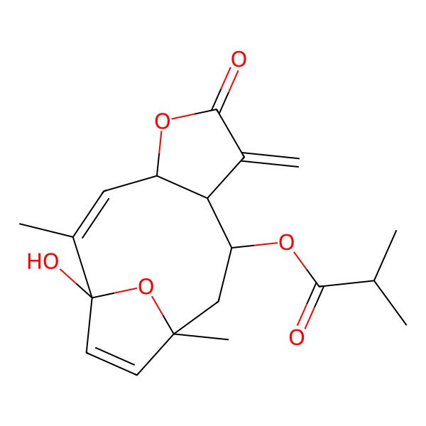 2D Structure of (1-Hydroxy-2,11-dimethyl-7-methylidene-6-oxo-5,14-dioxatricyclo[9.2.1.04,8]tetradeca-2,12-dien-9-yl) 2-methylpropanoate