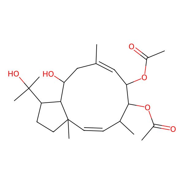 2D Structure of [9-acetyloxy-4-hydroxy-3-(2-hydroxypropan-2-yl)-6,10,12a-trimethyl-2,3,3a,4,5,8,9,10-octahydro-1H-cyclopenta[11]annulen-8-yl] acetate