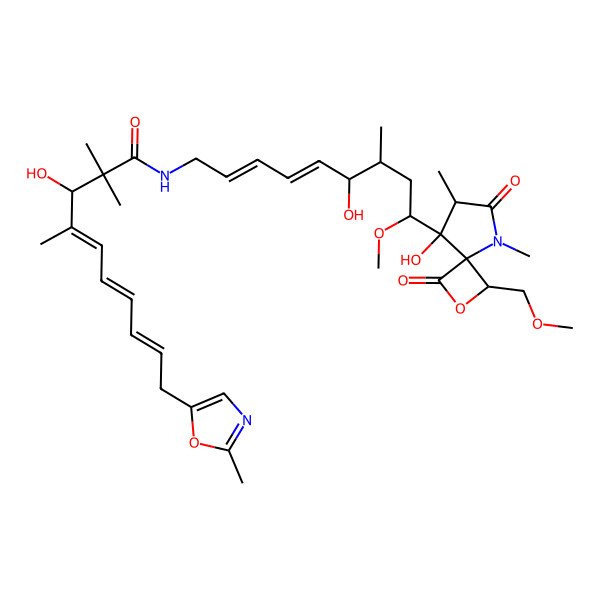 2D Structure of 4,6,8-Decatrienamide, 3-hydroxy-N-(6-hydroxy-9-(8-hydroxy-1-(methoxymethyl)-5,7-dimethyl-3,6-dioxo-2-oxa-5-azaspiro(3.4)oct-8-yl)-9-methoxy-7-methyl-2,4-nonadienyl)-2,2,4-trimethyl-10-(2-methyl-5-oxazolyl)-