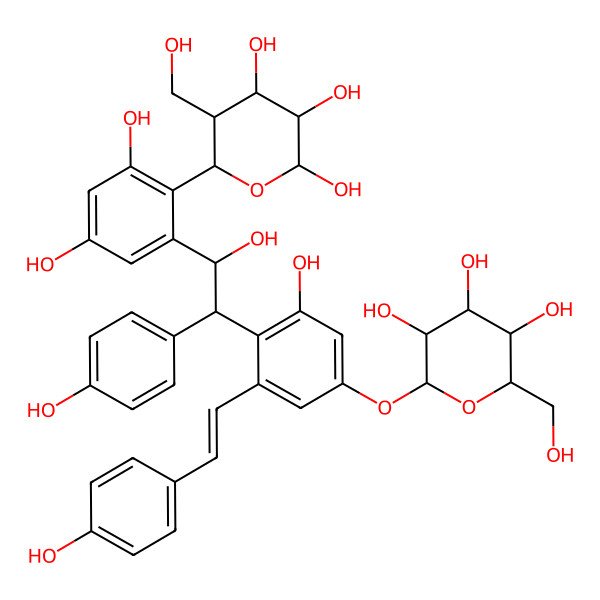 2D Structure of 6-[2,4-Dihydroxy-6-[1-hydroxy-2-[2-hydroxy-6-[2-(4-hydroxyphenyl)ethenyl]-4-[3,4,5-trihydroxy-6-(hydroxymethyl)oxan-2-yl]oxyphenyl]-2-(4-hydroxyphenyl)ethyl]phenyl]-5-(hydroxymethyl)oxane-2,3,4-triol