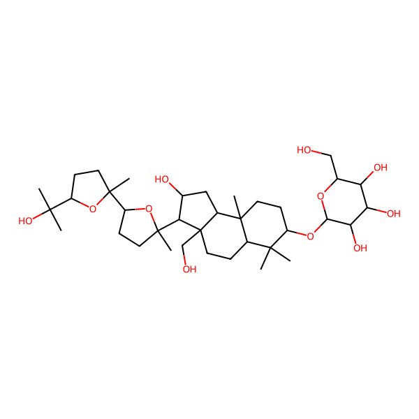 2D Structure of 2-[[2-Hydroxy-3a-(hydroxymethyl)-3-[5-[5-(2-hydroxypropan-2-yl)-2-methyloxolan-2-yl]-2-methyloxolan-2-yl]-6,6,9a-trimethyl-1,2,3,4,5,5a,7,8,9,9b-decahydrocyclopenta[a]naphthalen-7-yl]oxy]-6-(hydroxymethyl)oxane-3,4,5-triol