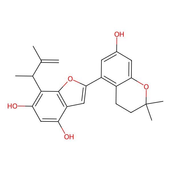 2D Structure of 2-(7-hydroxy-2,2-dimethyl-3,4-dihydrochromen-5-yl)-7-[(2R)-3-methylbut-3-en-2-yl]-1-benzofuran-4,6-diol