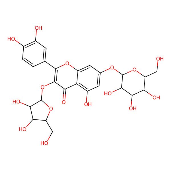 2D Structure of 3-[(2S,3R,4R,5S)-3,4-dihydroxy-5-(hydroxymethyl)oxolan-2-yl]oxy-2-(3,4-dihydroxyphenyl)-5-hydroxy-7-[(2R,3S,4R,5R,6S)-3,4,5-trihydroxy-6-(hydroxymethyl)oxan-2-yl]oxychromen-4-one