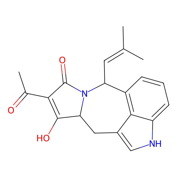 2D Structure of 5-Acetyl-6-hydroxy-2-(2-methylprop-1-enyl)-3,11-diazatetracyclo[7.6.1.03,7.012,16]hexadeca-1(16),5,9,12,14-pentaen-4-one