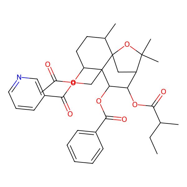 2D Structure of [5-Acetyloxy-7-benzoyloxy-2,10,10-trimethyl-8-(2-methylbutanoyloxy)-11-oxatricyclo[7.2.1.01,6]dodecan-6-yl]methyl pyridine-3-carboxylate