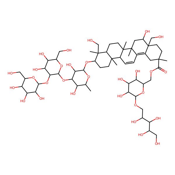 2D Structure of [(2R,3S,4S,5R,6R)-3,4,5-trihydroxy-6-(2,3,4,5-tetrahydroxypentoxy)oxan-2-yl]methyl (2S,4aS,5R,6aR,6aS,6bR,8aR,9R,12aS)-10-[(2R,3R,4S,5S,6R)-4-[(2S,3R,4S,5S,6R)-4,5-dihydroxy-6-(hydroxymethyl)-3-[(2S,3R,4S,5S,6R)-3,4,5-trihydroxy-6-(hydroxymethyl)oxan-2-yl]oxyoxan-2-yl]oxy-3,5-dihydroxy-6-methyloxan-2-yl]oxy-5-hydroxy-4a,9-bis(hydroxymethyl)-2,6a,6b,9,12a-pentamethyl-1,3,4,5,6,6a,7,8,8a,10,11,12-dodecahydropicene-2-carboxylate