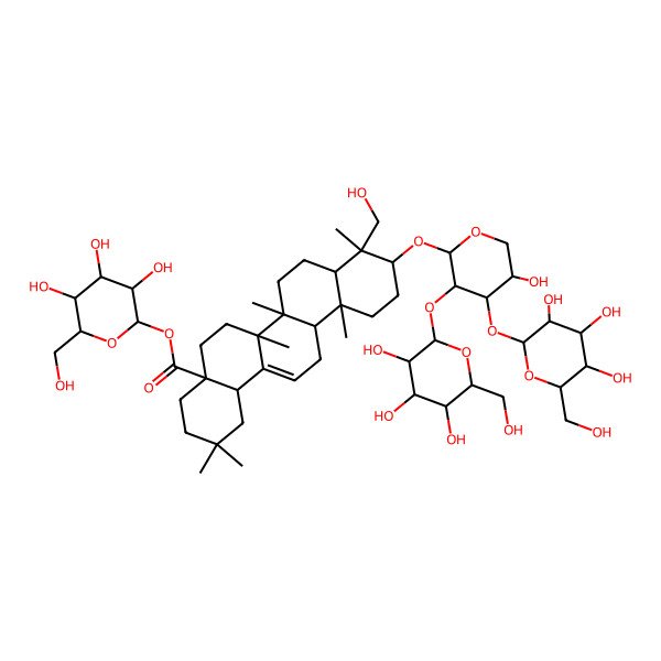 2D Structure of [(2S,3R,4S,5S,6R)-3,4,5-trihydroxy-6-(hydroxymethyl)oxan-2-yl] (6aR,6aS,6bR,8aR,9R,10S,12aR)-10-[(2S,3R,4S,5S)-5-hydroxy-3,4-bis[[(2S,3R,4S,5S,6R)-3,4,5-trihydroxy-6-(hydroxymethyl)oxan-2-yl]oxy]oxan-2-yl]oxy-9-(hydroxymethyl)-2,2,6a,6b,9,12a-hexamethyl-1,3,4,5,6,6a,7,8,8a,10,11,12,13,14b-tetradecahydropicene-4a-carboxylate