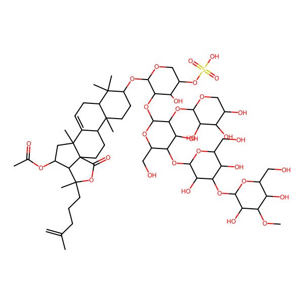 2D Structure of [(2S,4S,6S,12R,13R,18R)-16-[(2S,3R,4R,5R)-3-[(2S,3R,4S,5S,6R)-5-[(2S,3R,4S,5R,6R)-4-[(2S,3R,4S,5R,6R)-3,5-dihydroxy-6-(hydroxymethyl)-4-methoxyoxan-2-yl]oxy-3,5-dihydroxy-6-(hydroxymethyl)oxan-2-yl]oxy-4-hydroxy-6-(hydroxymethyl)-3-[(2S,3R,4S,5R)-3,4,5-trihydroxyoxan-2-yl]oxyoxan-2-yl]oxy-4-hydroxy-5-sulfooxyoxan-2-yl]oxy-2,6,13,17,17-pentamethyl-6-(4-methylpent-4-enyl)-8-oxo-7-oxapentacyclo[10.8.0.02,9.05,9.013,18]icos-1(20)-en-4-yl] acetate