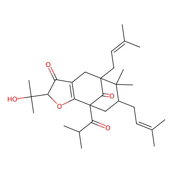 2D Structure of (1S,4R,8S,10S)-4-(2-hydroxypropan-2-yl)-9,9-dimethyl-8,10-bis(3-methylbut-2-enyl)-1-(2-methylpropanoyl)-3-oxatricyclo[6.3.1.02,6]dodec-2(6)-ene-5,12-dione