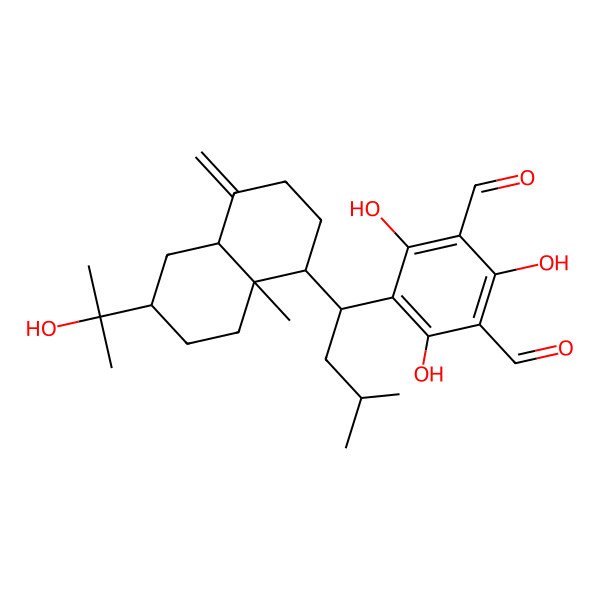 2D Structure of 5-[(1S)-1-[(1R,4aR,6S,8aR)-6-(2-hydroxypropan-2-yl)-8a-methyl-4-methylidene-1,2,3,4a,5,6,7,8-octahydronaphthalen-1-yl]-3-methylbutyl]-2,4,6-trihydroxybenzene-1,3-dicarbaldehyde