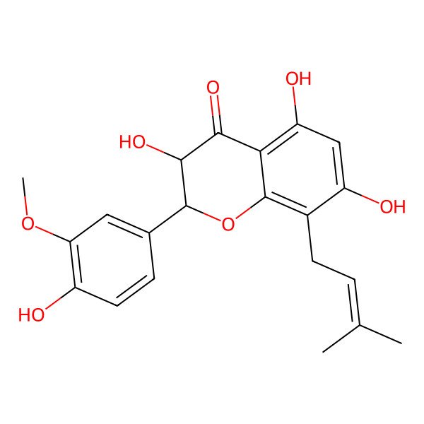 2D Structure of (2S,3R)-3,5,7-trihydroxy-2-(4-hydroxy-3-methoxyphenyl)-8-(3-methylbut-2-enyl)-2,3-dihydrochromen-4-one