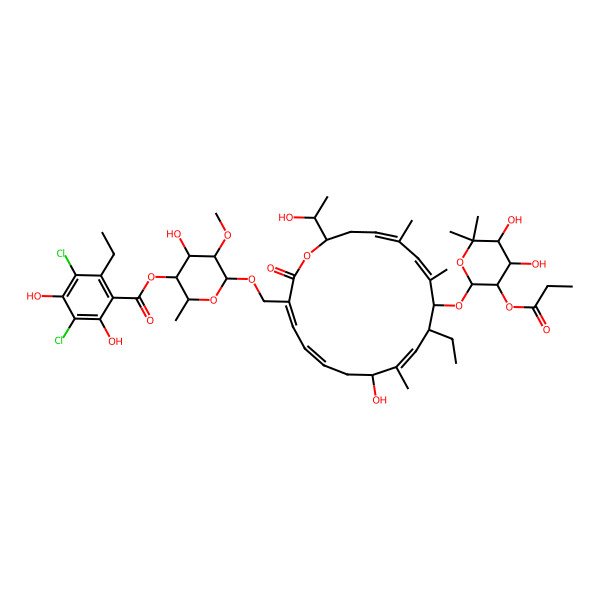 2D Structure of [6-[[12-(4,5-Dihydroxy-6,6-dimethyl-3-propanoyloxyoxan-2-yl)oxy-11-ethyl-8-hydroxy-18-(1-hydroxyethyl)-9,13,15-trimethyl-2-oxo-1-oxacyclooctadeca-3,5,9,13,15-pentaen-3-yl]methoxy]-4-hydroxy-5-methoxy-2-methyloxan-3-yl] 3,5-dichloro-2-ethyl-4,6-dihydroxybenzoate
