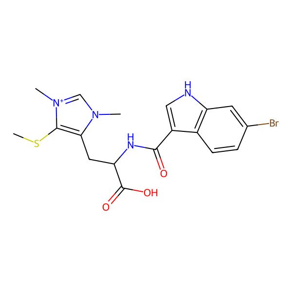 2D Structure of 2-[(6-bromo-1H-indole-3-carbonyl)amino]-3-(1,3-dimethyl-5-methylsulfanylimidazol-1-ium-4-yl)propanoic acid