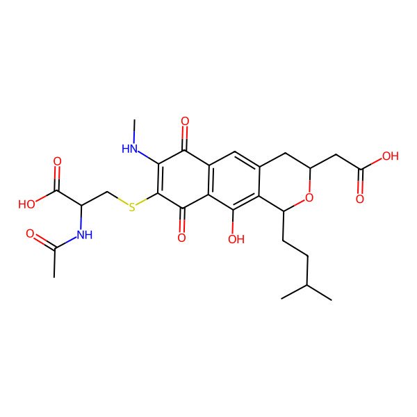 2D Structure of 2-acetamido-3-[[(1S,3S)-3-(carboxymethyl)-10-hydroxy-7-(methylamino)-1-(3-methylbutyl)-6,9-dioxo-3,4-dihydro-1H-benzo[g]isochromen-8-yl]sulfanyl]propanoic acid