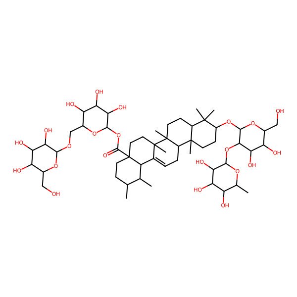 2D Structure of [(2R,3S,4R,5R,6S)-3,4,5-trihydroxy-6-[[(2S,3S,4R,5R,6S)-3,4,5-trihydroxy-6-(hydroxymethyl)oxan-2-yl]oxymethyl]oxan-2-yl] (1S,2R,4aS,6aR,6aS,6bR,8aR,10S,12aR,14bS)-10-[(2R,3R,4S,5S,6R)-4,5-dihydroxy-6-(hydroxymethyl)-3-[(2S,3R,4R,5R,6S)-3,4,5-trihydroxy-6-methyloxan-2-yl]oxyoxan-2-yl]oxy-1,2,6a,6b,9,9,12a-heptamethyl-2,3,4,5,6,6a,7,8,8a,10,11,12,13,14b-tetradecahydro-1H-picene-4a-carboxylate