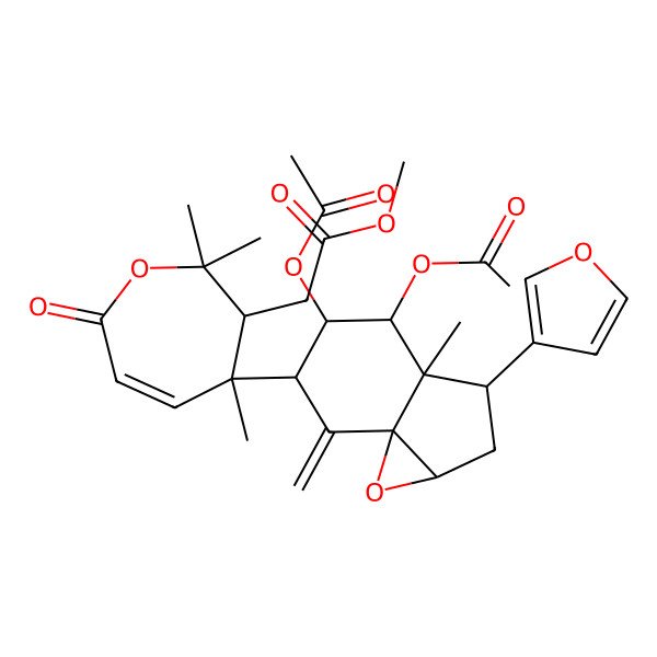 2D Structure of methyl 2-[4-[4,5-diacetyloxy-3-(furan-3-yl)-3a-methyl-7-methylidene-1a,2,3,4,5,6-hexahydroindeno[1,7a-b]oxiren-6-yl]-2,2,4-trimethyl-7-oxo-3H-oxepin-3-yl]acetate