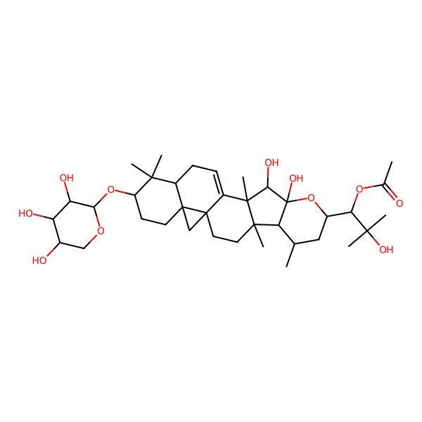 2D Structure of [(1S)-1-[(1R,4R,5R,6R,8R,10R,11R,12R,16R,18S,21R)-10,11-dihydroxy-4,6,12,17,17-pentamethyl-18-[(2S,3R,4S,5R)-3,4,5-trihydroxyoxan-2-yl]oxy-9-oxahexacyclo[11.9.0.01,21.04,12.05,10.016,21]docos-13-en-8-yl]-2-hydroxy-2-methylpropyl] acetate